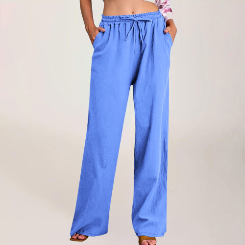 Γυναικείο παντελόνι casual με φαρδιά κορδόνια - 60% βαμβάκι 40% λινό, αναπνεύσιμο, 1