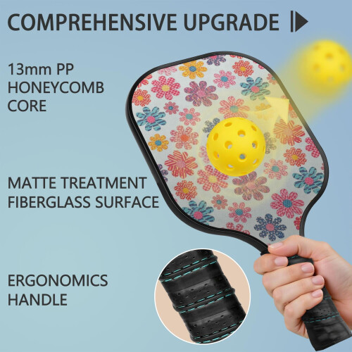 Σετ κουπιών Pickleball με κουπιά από fiberglass σε σχέδια λουλουδιών, 2 μπάλες και τσάντα – 1