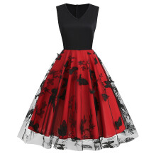 Damklänningar Sommar Ärmlös Vintage Svart Mönster V-ringad Rockabilly Pin Up Festklänning Casual
