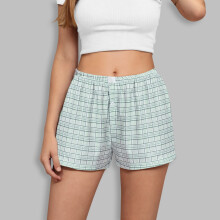 Shorts xadrez retrô femininos, casuais e confortáveis, de cintura alta e pernas largas.