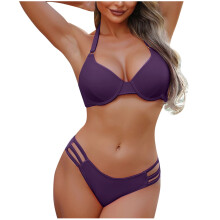 Kukoosong bikini set voor dames: effen, gewatteerde haltertop met open rug en uitneembare bh voor volledige dekking en een afslankend effect.