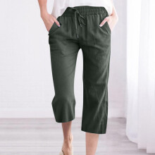 Calça Capri Feminina de Cintura Alta, Pernas Largas e Confeccionada em Algodão e Linho com Bolsos, Tamanhos Grandes, Calça Casual Ideal para o