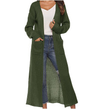 Cardigan til dame i ensfarget strikket lang cardigan, overdimensjonert, løsere stil, myk, åpen frakk med lomme, olivengrønn