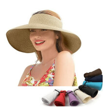 Sombrero de paja enrollable de ala ancha UPF50+ para mujer, visera de verano, visera de paja trenzada enrollable de ala ancha plegable para la playa.