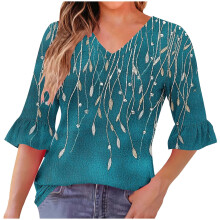 Lässige Damenbluse mit Print, V-Ausschnitt, Dreiviertelärmeln und Rüschen – Bequemer Stoff, hoher Bund mit elastischem Bund, ideal für Alltag,