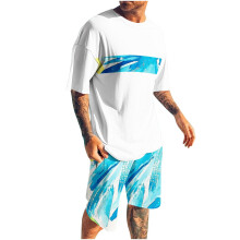 Herenshortssets, 2-delige outfits, ronde hals, print, sportief, slim fit, elastische tailleband, korte mouwen, ronde hals.