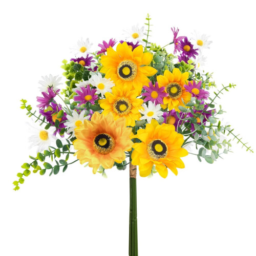 Bouquet di girasoli artificiali con margherite ed eucalipto