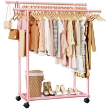 Metal Clothes Rack with Double Rod, Rolling Wheels & Built-in Shelf – Pink, 38.5"x16.9"x59.0"