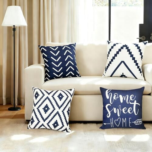 Conjunto de 4 capas de almofada decorativas azuis, 50x50cm (20x20 polegadas). 1
