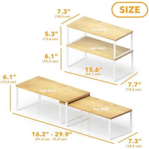 2-Pack Stackable Expandable Cabinet Shelf Organizers for Kitchen, Pantry & Counter – White & Natural 1