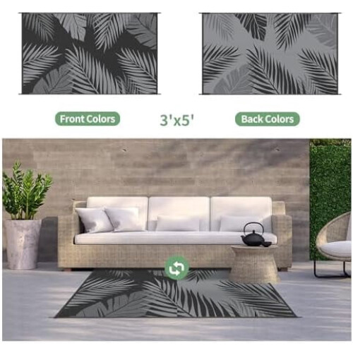 Outdoor Rug Waterproof 3'x5' Reversible Plastic Straw Black 1