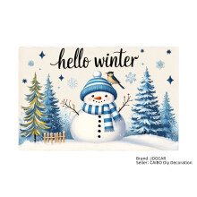 Hello Winter Snowman and Pine Trees Design Linen Table Mats Set of 4 for Home Kitchen Table Decor 12x18 inch