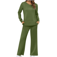 Dames tweedelige casual set: effen blouse met lange mouwen en zijsplit + wijde broek, comfortabel om in te loungen en voor dagelijks gebruik.