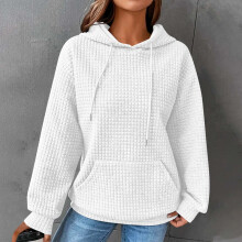 Bluza z kapturem Waffle, bluzy z kapturem dla kobiet, swobodny sweter Waffle z długim rękawem, ściągaczem, kapturem i kieszenią, 2024, biała,