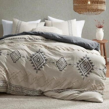Parure de lit bohème pour lit simple, en microfibre vert sauge et beige