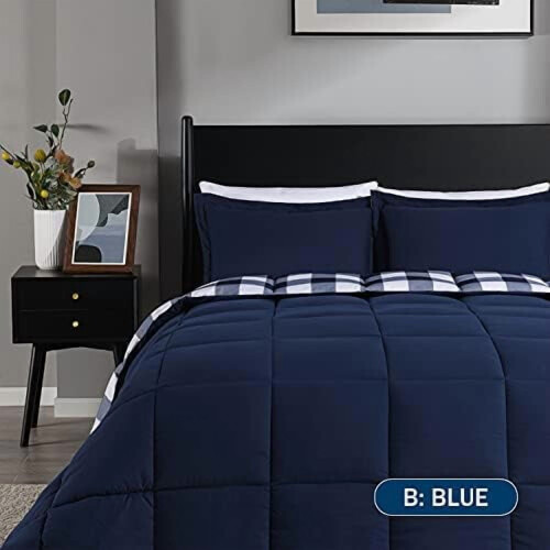 Plaid Comforter Set King 3-Piece Blue White Down 2