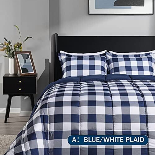 Plaid Comforter Set King 3-Piece Blue White Down 1