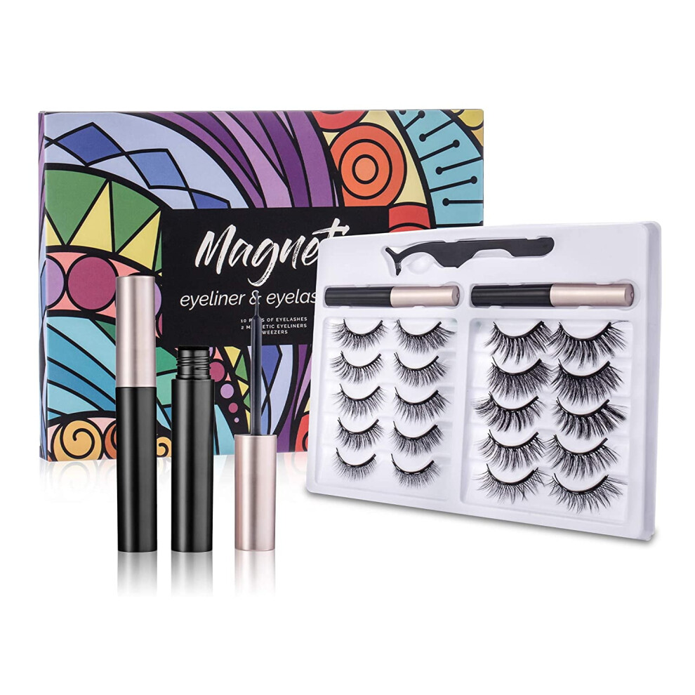 10 Pairs Reusable 5D Magnetic Eyelashes + 2 Tubes Liner & Tweezers â Waterproof, Natural Look, Strong Hold, Compatible with Magnetic Liner