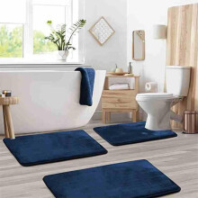Ensemble de 3 tapis de bain antidérapants en velours avec couvre-toilette, motif corail absorbant, bleu marine – Compatible avec les