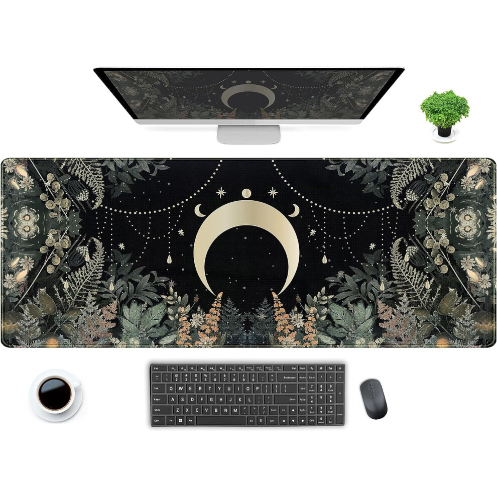 Cute Forest Leaves Desk Mat, Xl Moon Mousepad 31.5X11.8 In, Non-Slip Rubber Base, Stitched Edges Green 9353595326316