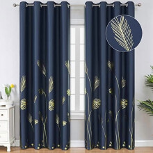 Blackout Curtains Grommet 96 Inches Long Elegant Gold Palm Tree and Wheat Print Light Blocking Curtains for Dining Room, Navy Blue, 52Wx96L, 2 Panels