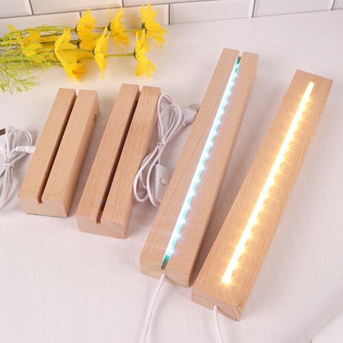 Lámpara de noche LED con base rectangular, pedestal de madera con cristal sintético e iluminación LED y carga USB. 2