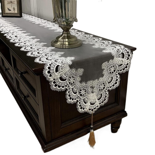 Vintage Grey Lace Table Runner with Tassels