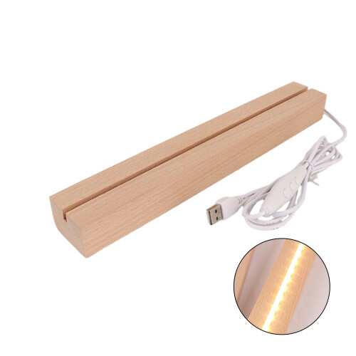 Lámpara de noche LED con base rectangular, pedestal de madera con cristal sintético e iluminación LED y carga USB. 1