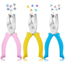 Set van 3 handperforators van metaal (1/4", 3/16" cirkel/vierkant/driehoek) voor knutselprojecten, labels, tickets en scrapbooking – geel/roze/blauw