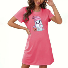 Plus Size Női Halloween Mintás Pizsama Szettek - Duplán Kefélt Puha Pizsama Szettek Kényelmes Otthoni és Parti Viselet Rugalmas Kerek Nyakú
