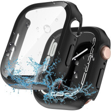 XiHAMA 2-i-1 Vattentätt fodral + skärmskydd för Apple Watch 40/41/42/46 mm, serie 4/5/6/SE/SE 2:a generationen – Härdat glas och