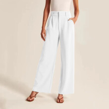 Pantaloni eleganti da donna, pantaloni a gamba larga a vita alta, pantaloni casual da ufficio, pantaloni fluidi bianchi