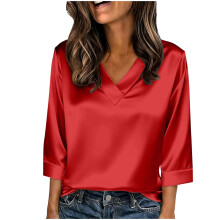 Női felső, lezser, bő tavaszi-nyári szatén pulóver háromnegyedes ujjakkal és V-nyakkal, egyszínű, kényelmes női blúz.