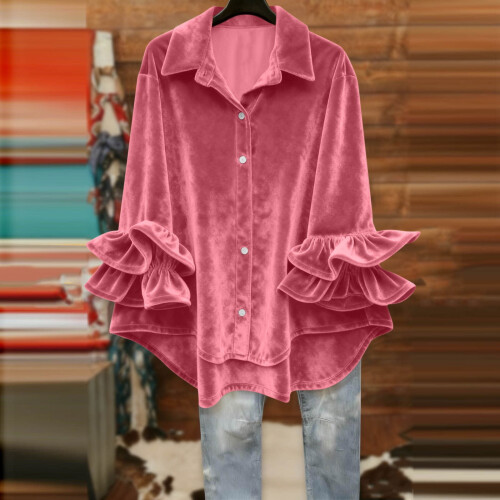 Women's solid ruffle blouse 3/4 sleeve polyester 1