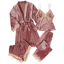 Dampyjamasset, avslappnad sammetsspets enfärgad pyjamasdräkt i fyra delar, lyxiga sovkläder för kvinnor.