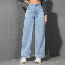 Løse damejeans med vide ben, knaplukning, 100% denim, XS–XL, afslappet klassisk pasform