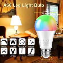 JINYUN 12W A60 Smart LED Bulb with 2.4GHz Remote, RGBCW, 3000-6500K Dimmable, 1000LM, E26, 2 Bulbs + 1 Remote