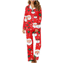 Kerstpyjamaset voor dames, top met lange mouwen en knoopsluiting & broek, feestelijke nachtkleding, maten S-2XL, geschikt als kerstcadeau.