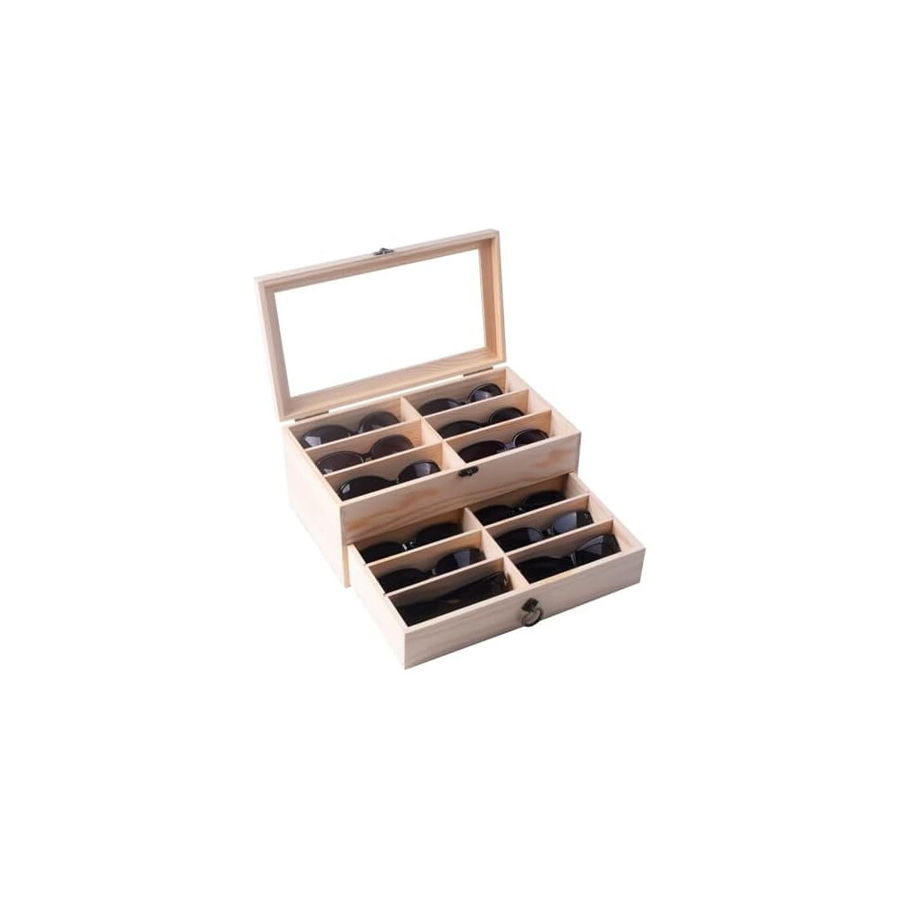Pine Wood 12 Piece Eyeglasses Storage and Sunglass Glasses Display Drawer Lockable Case Organizer,DIY Colors,AW-171
