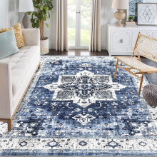 Tapis vintage 120 x 180 cm, antidérapant, lavable, bleu