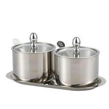 Stainless Steel Sugar Bowl and Spice Container Set 304 with Glass Lid Spoon for Kitchen Cafe Silver 2pcs