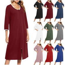 Damen-Nachthemd, Herbst-Pyjama für Damen, Damen-Nachthemd für Herbst und Winter mit 3/4-Ärmeln, Reißverschluss vorne und Taschen, lockere