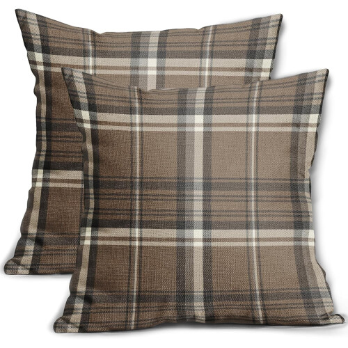 Conjunto de 2 capas de almofada em linho xadrez cinza e marrom, 45x45 cm (18x18 polegadas).