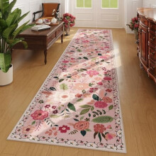 Pink Floral Non-Slip Kitchen Runner Rug 2'x10', Washable with Rubber Backing, Compatible with Hallways, Laundry, Bedroom & Bathroom