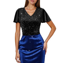 Carnival Dame Paljettopp Kortermet T-skjorte Feriebluse Mote Løs Rund Hals Avslappet Elegant Glitrende Topp For Fest Daglig Bruk
