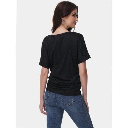 Womens Solid Short Sleeve V-Neck Boat Neck Dolman Top with Side Shirring Drape Tunic 2