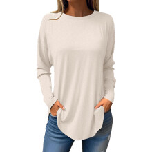Blusas de manga larga para mujer, túnicas de cuello redondo, blusas de color liso, camisas fruncidas de moda, camisetas de corte holgado, sudaderas,