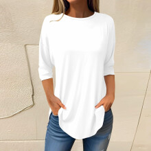 Camiseta blanca con estampado de árbol para mujer – Poliéster, manga 3/4, tallas grandes, color liso – Ideal para el fin de semana