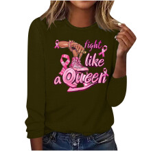 Top de manga larga verde militar para mujer, cuello redondo, poliéster, estampado gráfico, talla S.