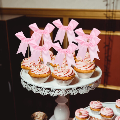 20 τεμάχια διακοσμητικά για cupcakes, φιόγκοι, ροζ πολυεστέρα για γιορτές